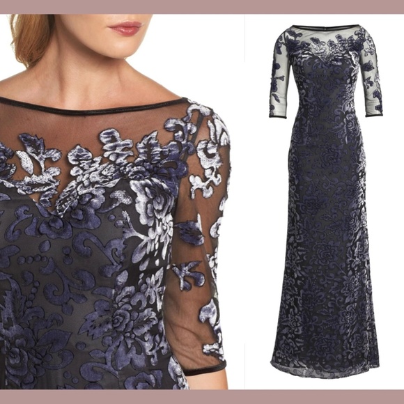 NWT $538 La Femme [ 8 ] Burnout‎ Velvet Column Gown in Black/Gunmetal - Picture 2 of 14